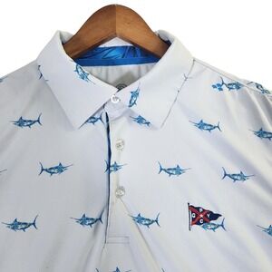 Scales Golf Polo Men's Medium White Blue Fish Print All Over Print Performance